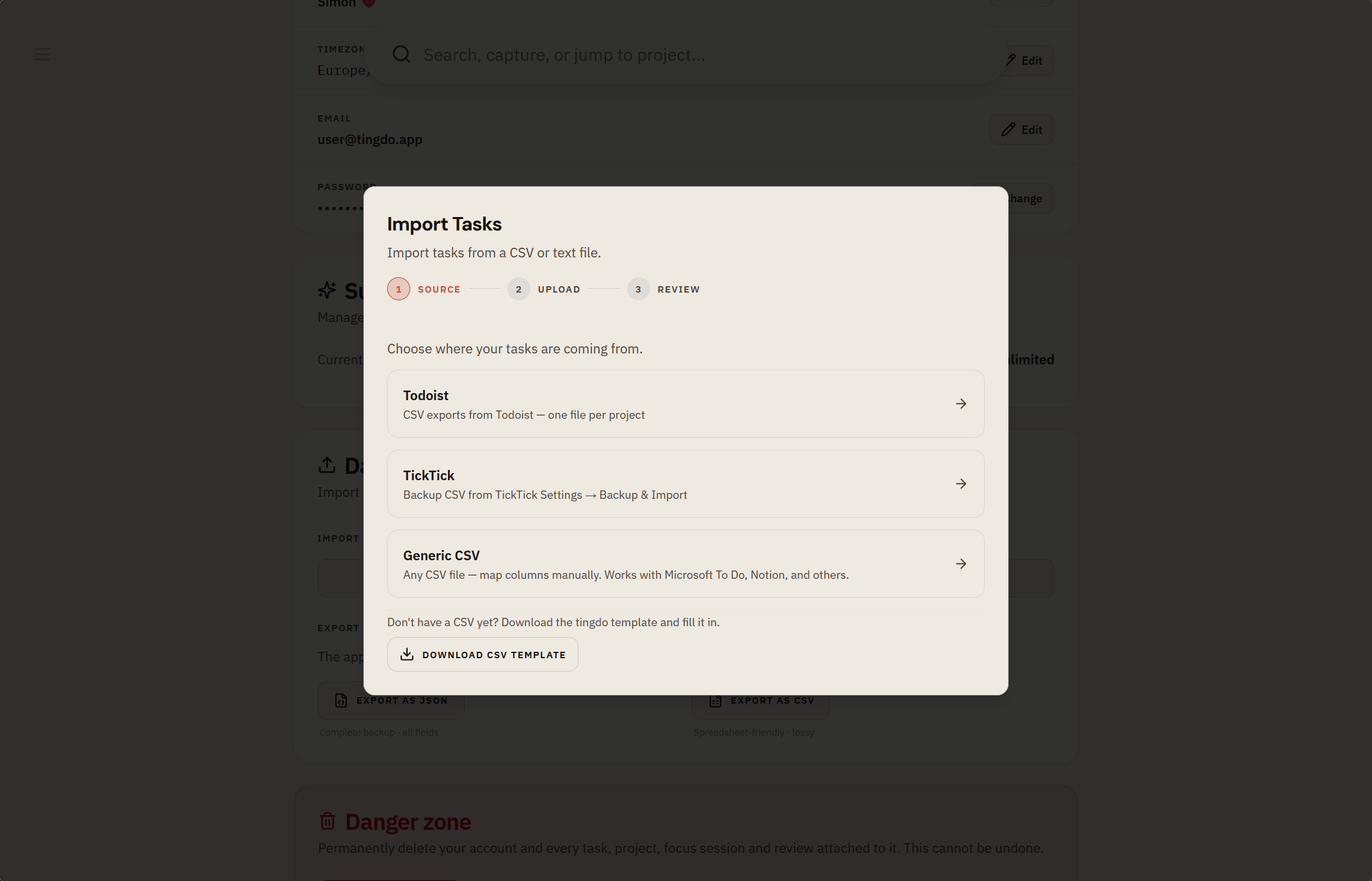 Data import in tingdo