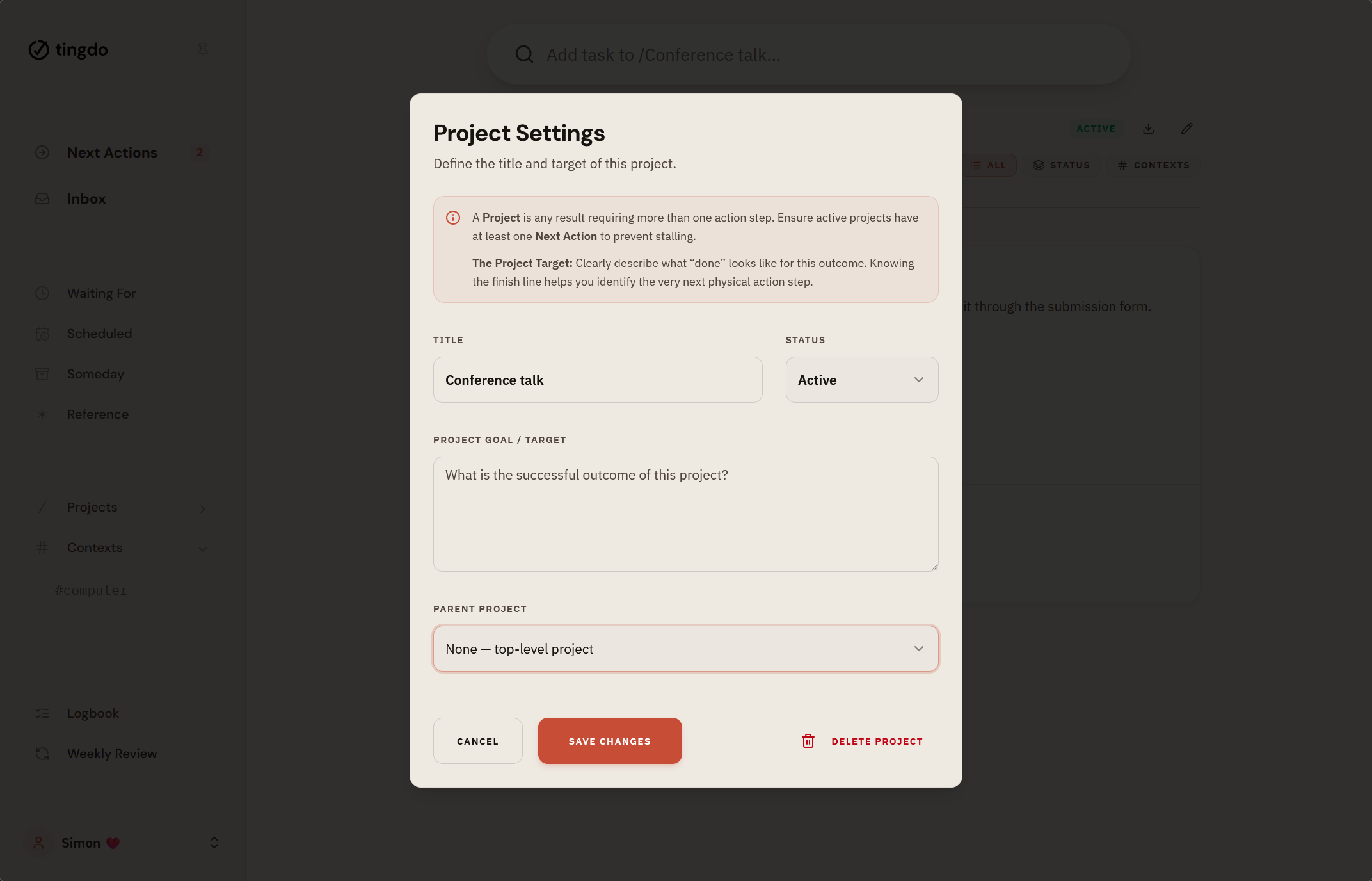 Project settings in tingdo