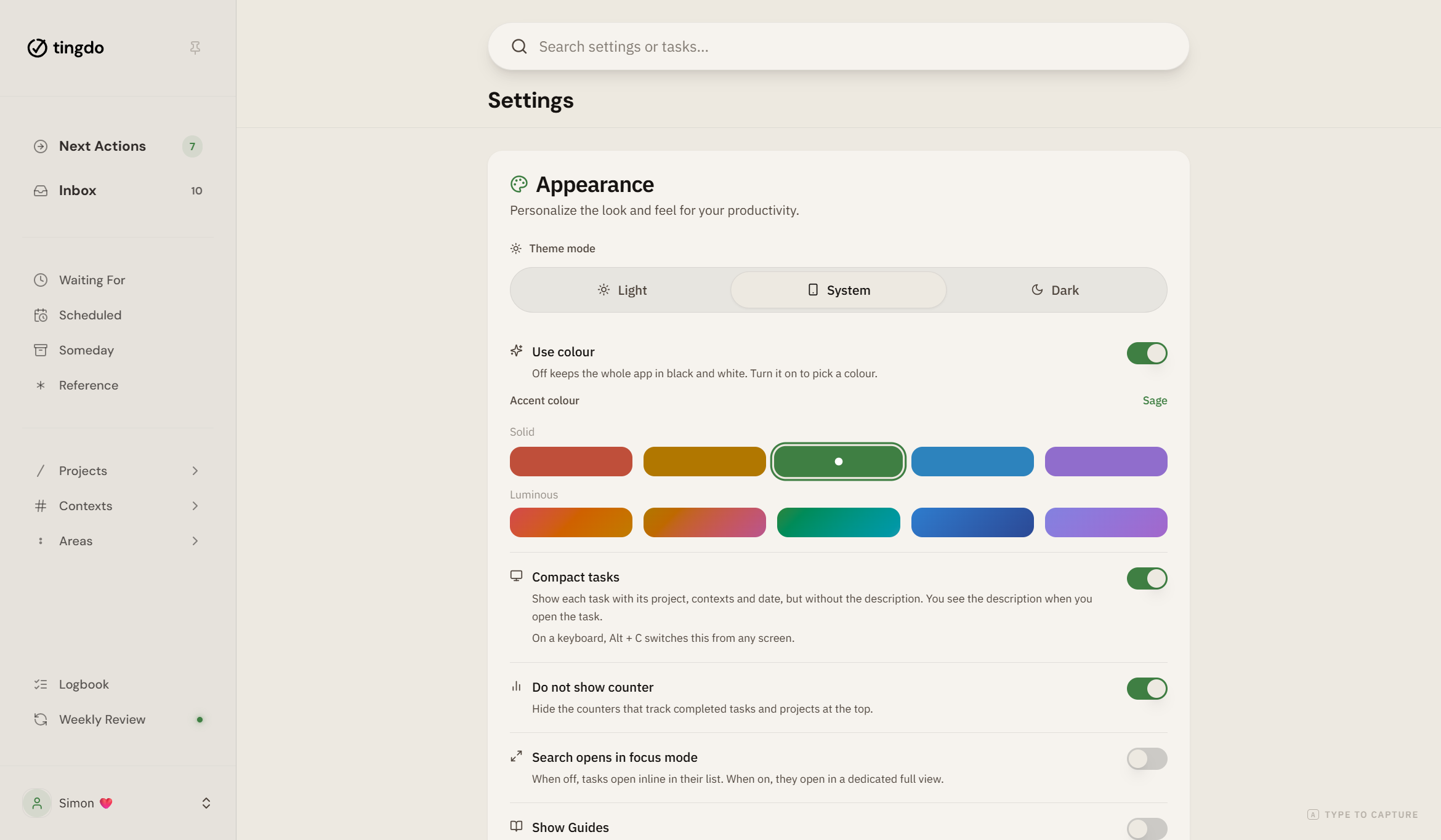 Sage accent color in tingdo